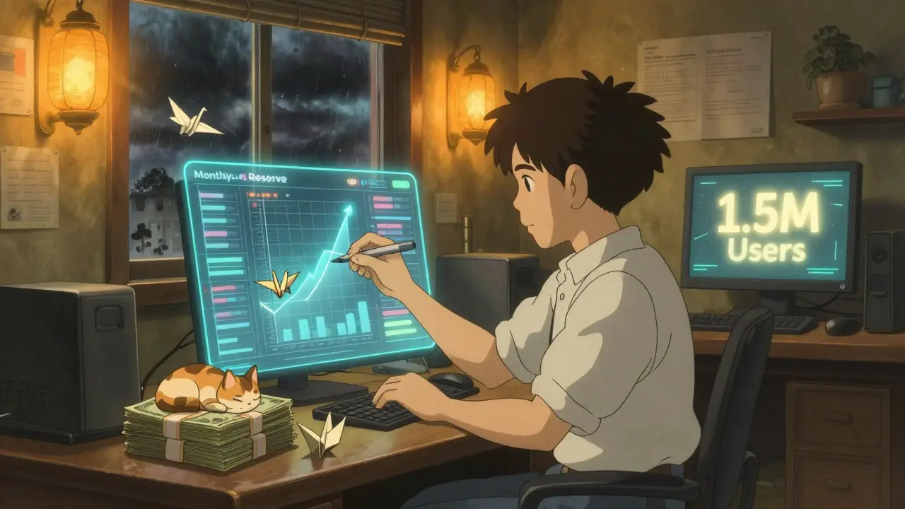 An engineer in a warm, lantern-lit room reviews transparent crypto reserves with animated paper cranes.