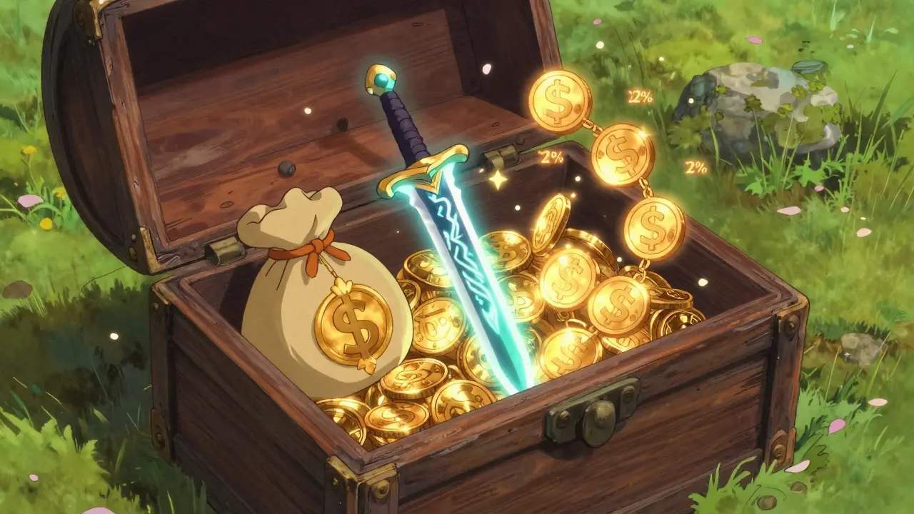 An open wooden chest reveals three magical rewards: coins, a rune sword, and rotating tokens with APY symbols.
