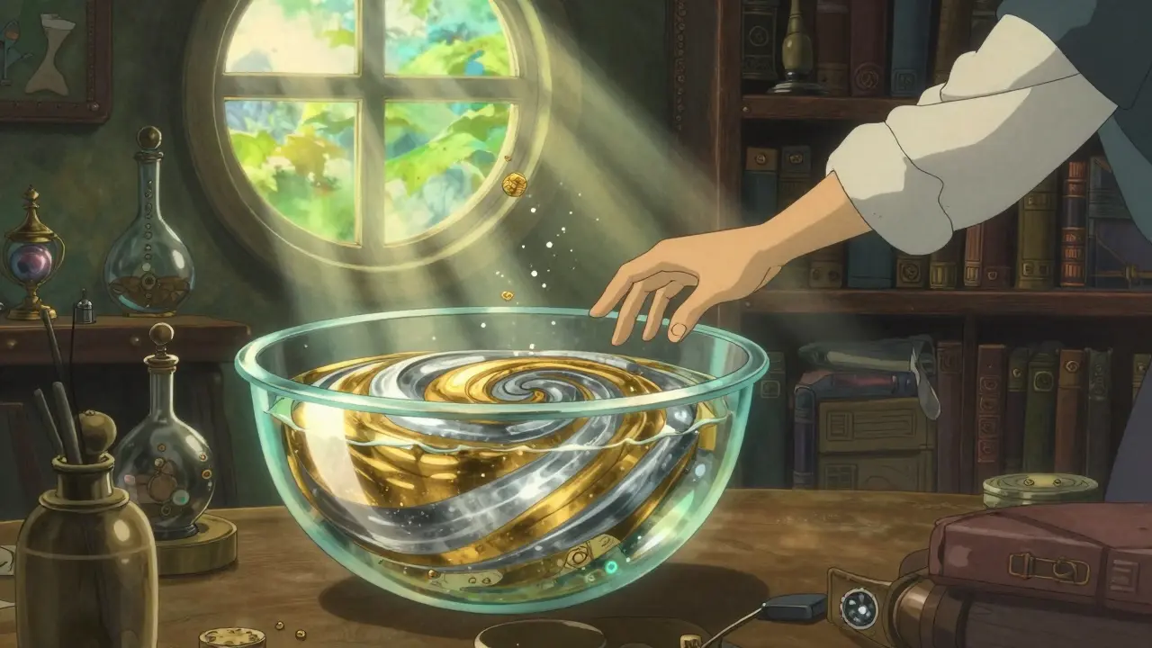 Anime character touching a crystal pool representing liquidity in a cozy magical room.
