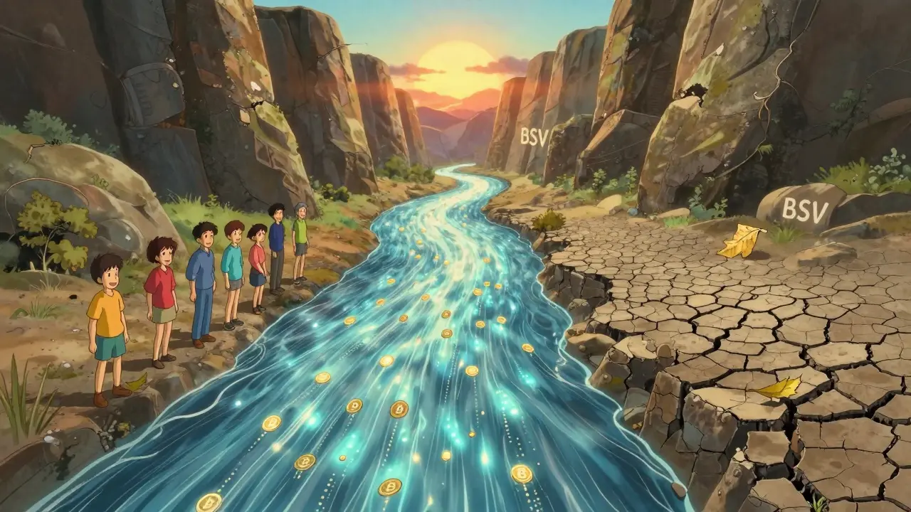 Bitcoin flows as a glowing river, while Bitcoin Cash flows beside it and Bitcoin SV lies dry in the dust.