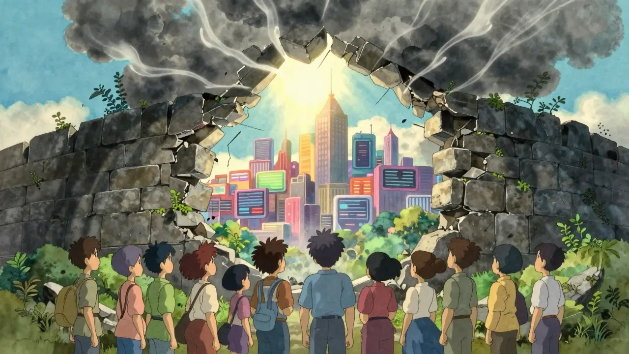 Broken stone wall revealing sunny city symbolizing lifted sanctions