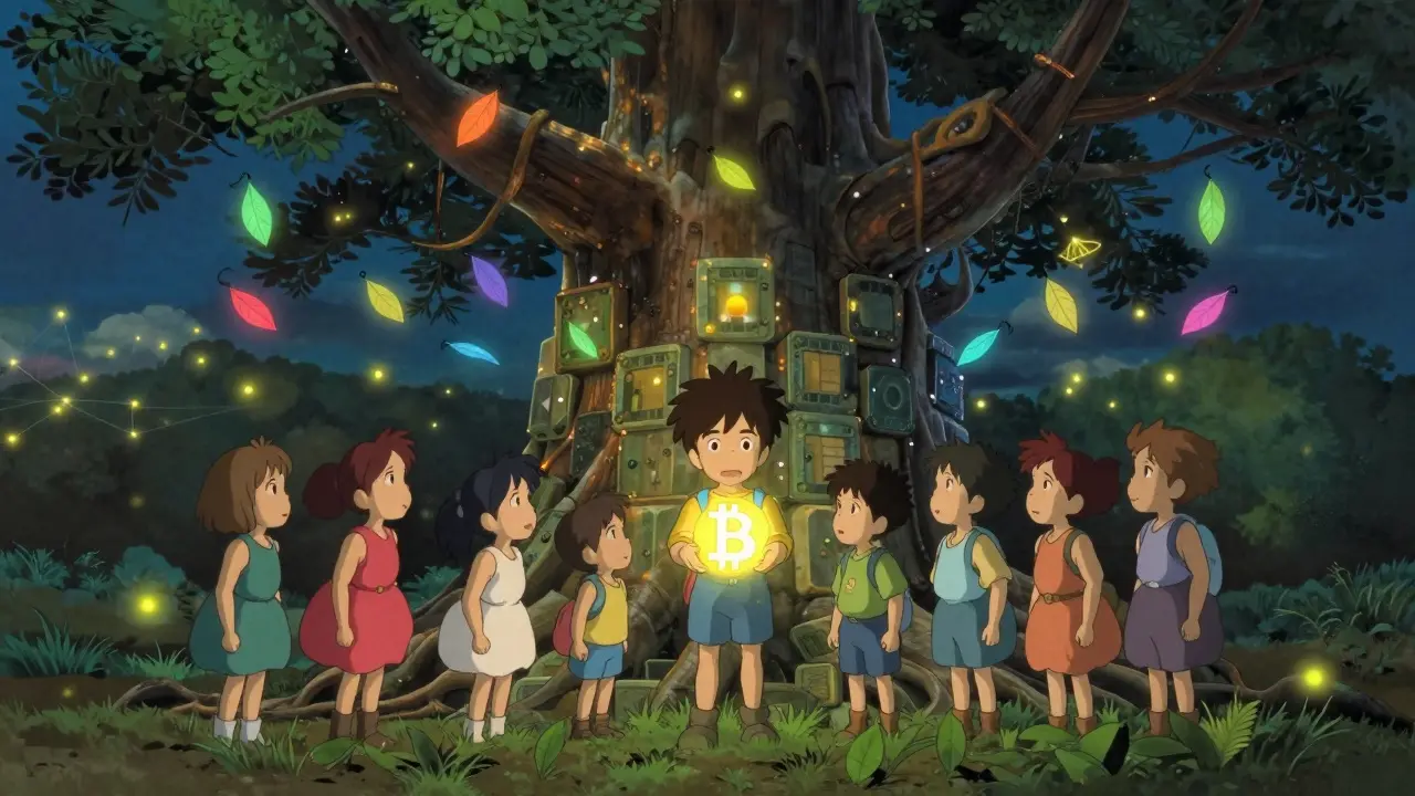 Children spirits gather around a tree with blockchain roots, leaves as glowing transactions, fireflies as network nodes.
