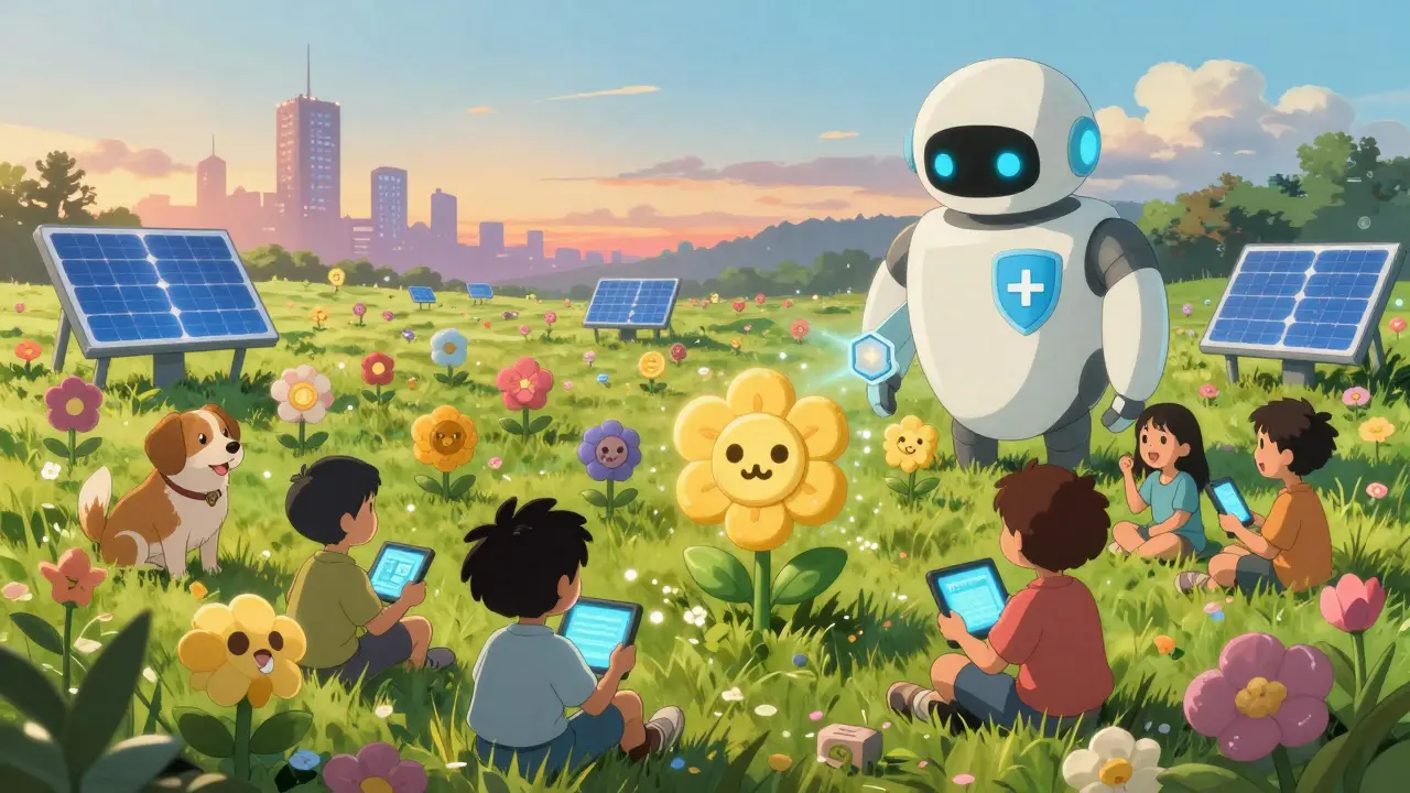 Children watch as colorful token-flowers bloom in a digital meadow, while a protective robot scans them.