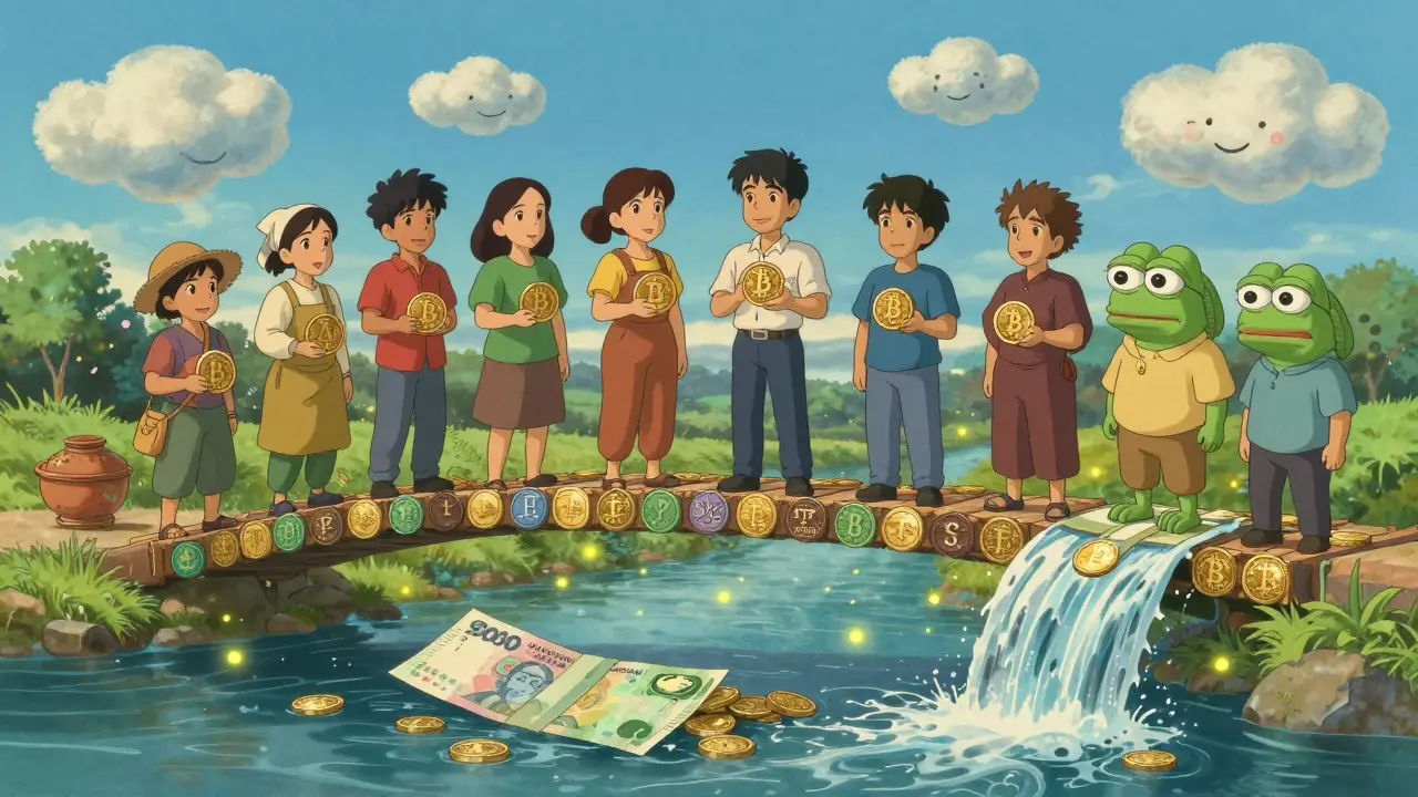 Diverse Indonesians walk a bridge of crypto tokens as Rupiah notes transform into sparkling staking rewards.