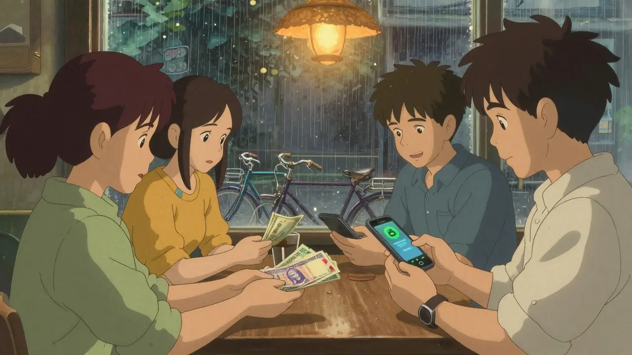 Friends exchange cash for stablecoins in a rainy Jakarta coffee shop, warm lantern light glowing.