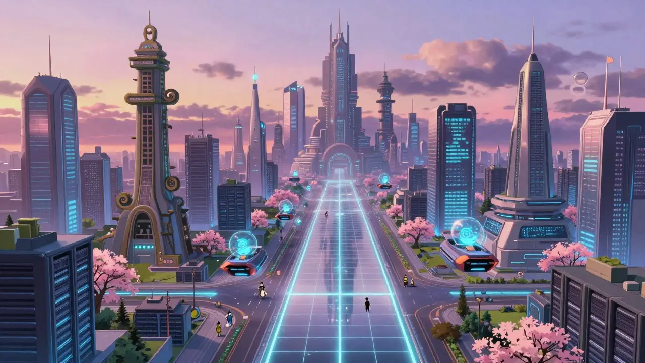 Futuristic cityscape with glowing towers and floating vessels depicting a thriving blockchain ecosystem at dawn.