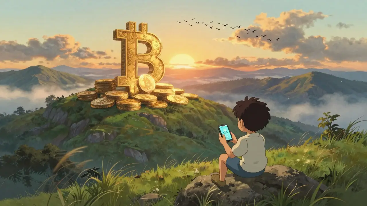 Golden Bitcoin coins rest on a mountain ridge as a child watches Bitcoin-shaped birds fly away at sunrise.