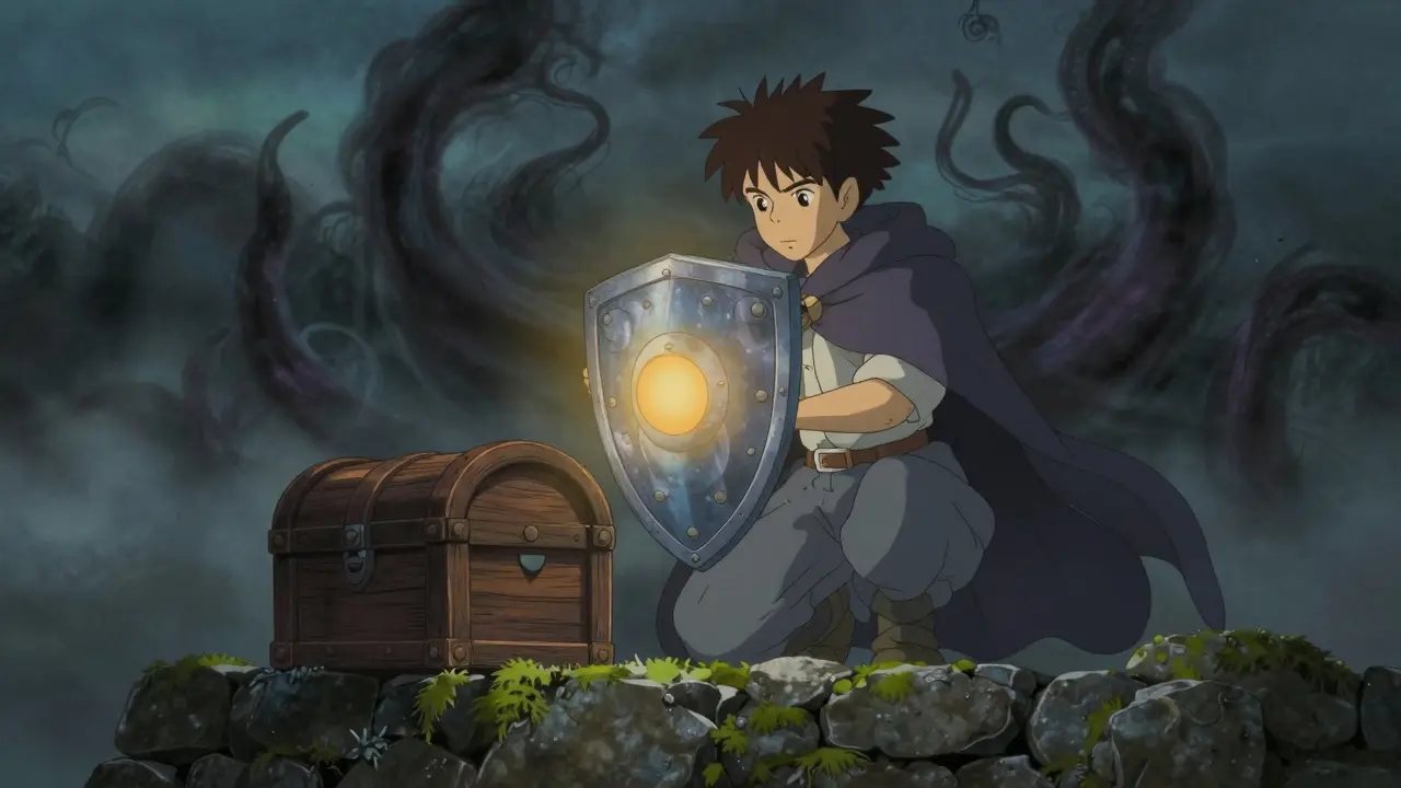 Guardian holding a shield protecting treasure from shadow monsters in a Ghibli landscape.