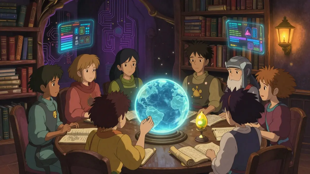 Guardians protecting glowing keys inside library for digital security