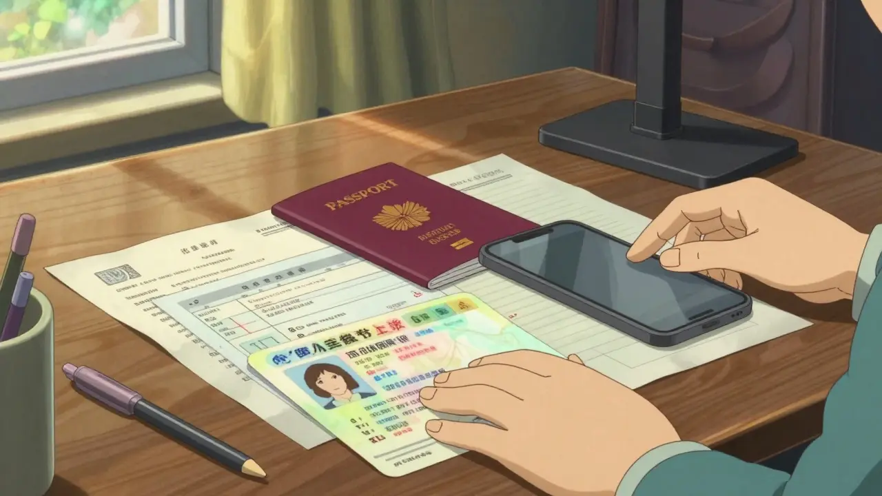 Hands arranging passport and ID documents on wooden table