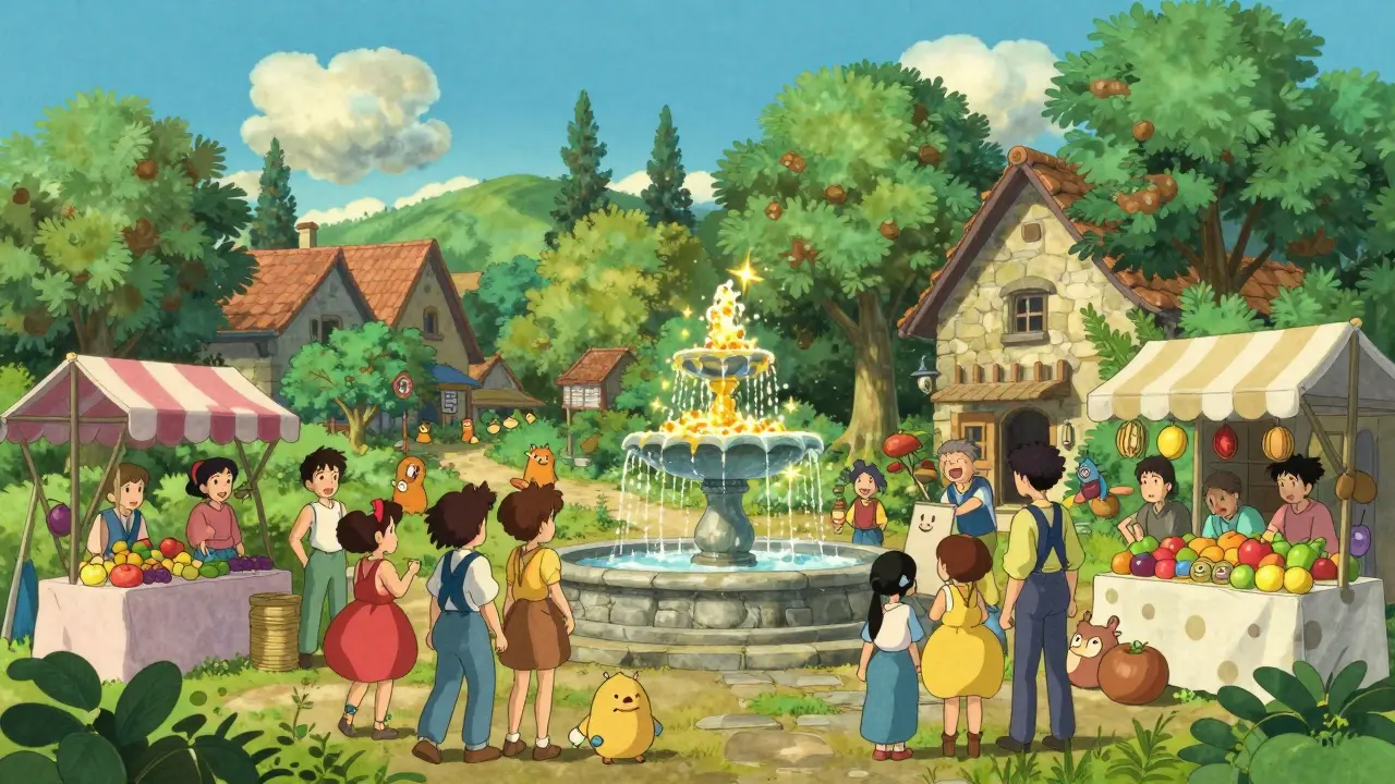 Magical beings trading tokens near golden fountain in village.