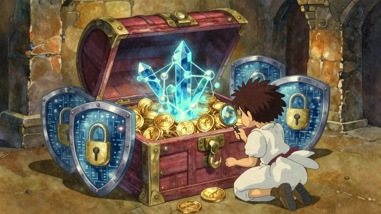 Security guardian inspecting encrypted treasure chest