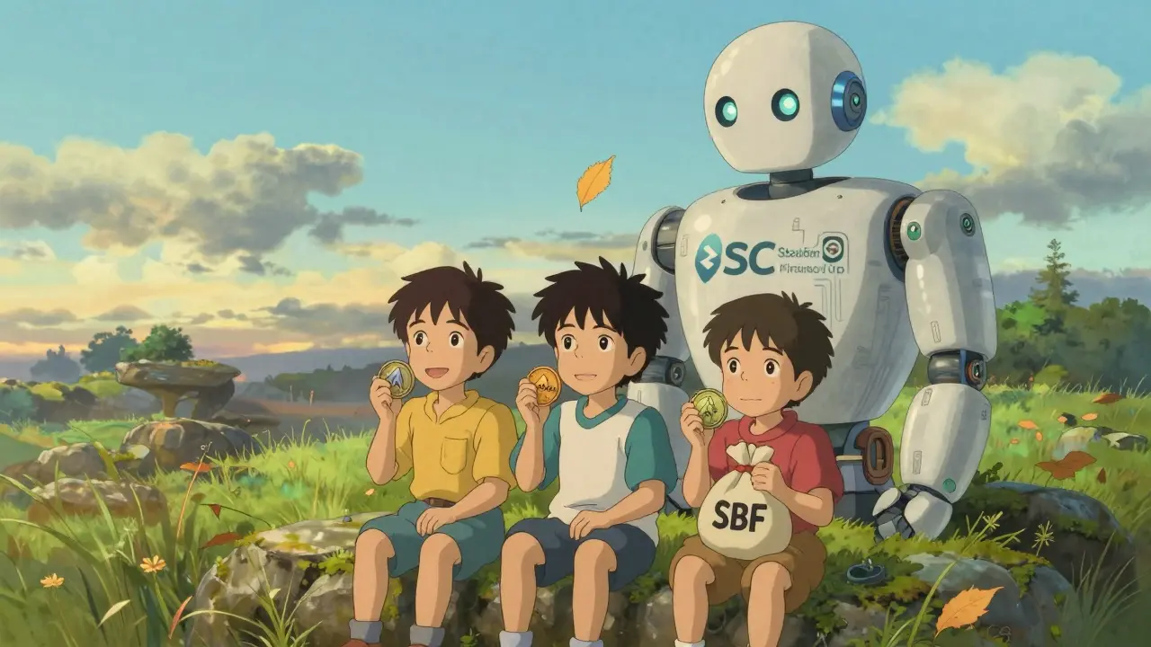 Three children sit in a meadow holding different tokens, one with an empty pouch labeled 'SBF', as a gentle robot watches silently under a drifting leaf with the official URL.