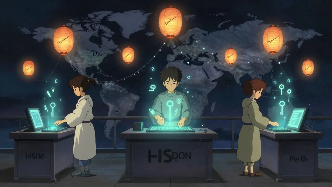 Three engineers across the world connect via glowing key symbols, forming a protective circle under a starry sky.