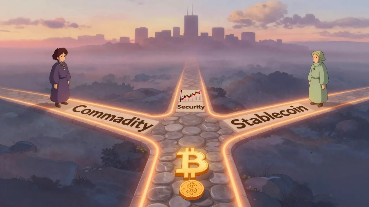 Three glowing regulatory paths for crypto assets—commodity, security, stablecoin—guarded by gentle spirits at dawn.