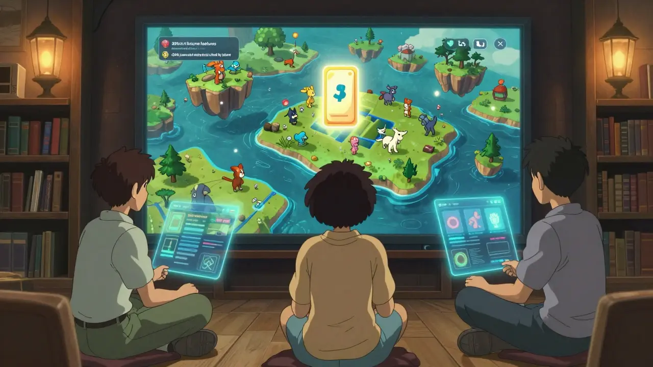 Three players watch a holographic game map unfold in a lantern-lit library, with a voting ballot floating above.