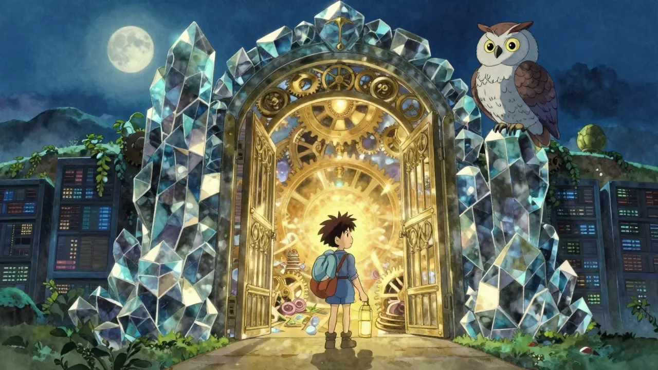 Traveler before a crystal security gate with an owl, symbolizing fraud proof mechanisms and waiting periods.