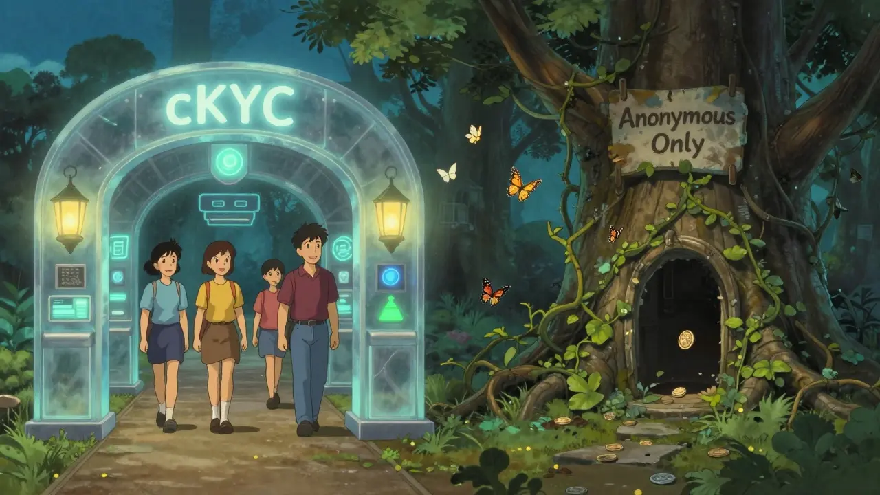 Two paths diverge: one bright and welcoming with KYC verification, the other overgrown and dark, symbolizing the shrinking anonymous crypto lane.