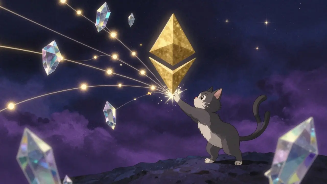 A cat interacting with glowing digital networks and iridescent crystals in a starry sky.