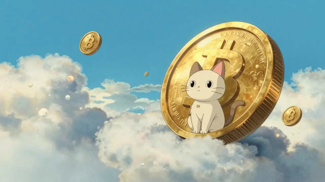 A cat sitting on a floating golden coin island drifting through a bright blue cloudy sky.