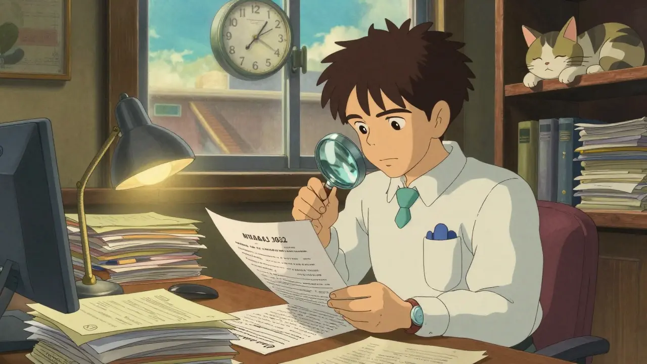 A compliance officer carefully reviewing documents in a cozy, detailed Ghibli-style office.