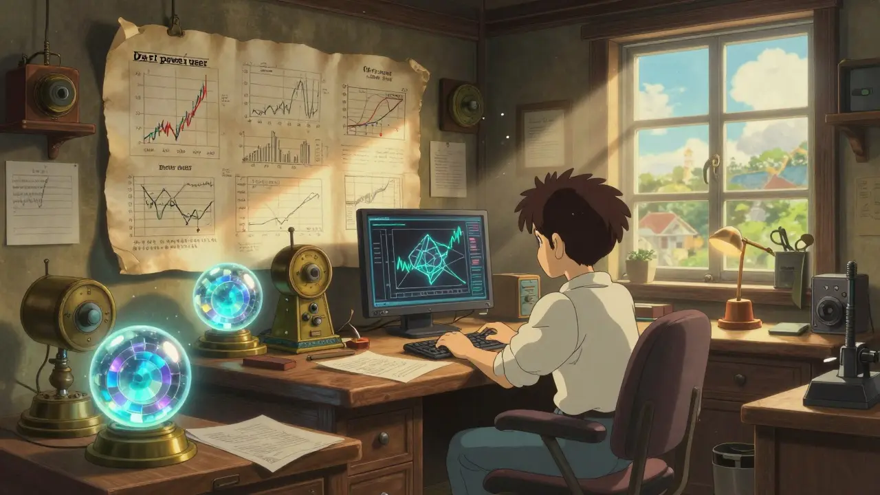 A cozy, detailed workshop with vintage instruments and glowing crystals.