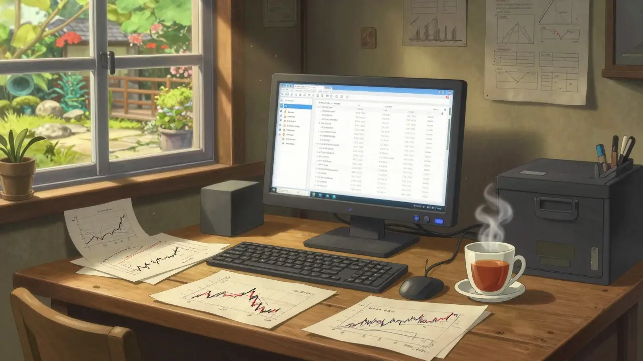 A cozy, sunlit home office with a trading screen and a view of a peaceful garden in Ghibli style.