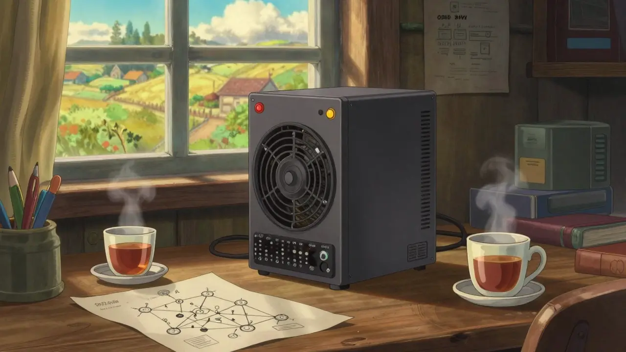 A crypto mining machine in a cozy, sunlit room with a peaceful view.