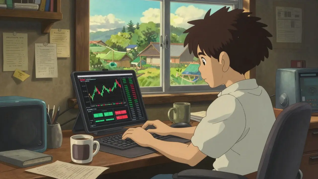 A detailed anime-style room with a person analyzing crypto charts on a tablet.