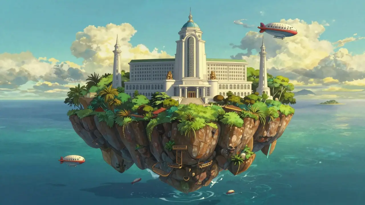A futuristic white building on a tropical Seychelles island floating in a blue ocean, Ghibli style.