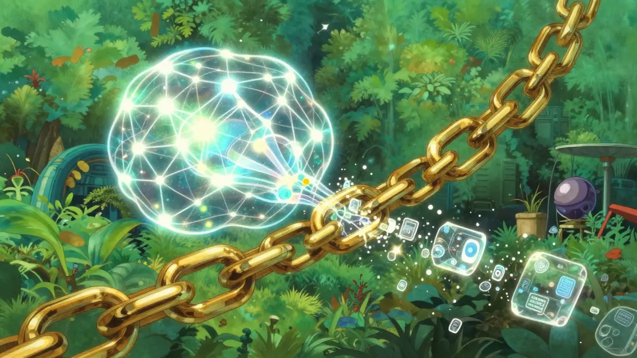 A golden blockchain intertwined with a glowing AI neural network in a futuristic garden.