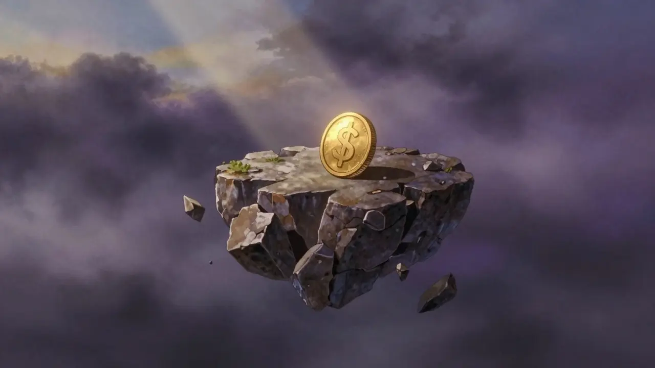 A golden coin on a crumbling floating island symbolizing a price crash in Ghibli style.