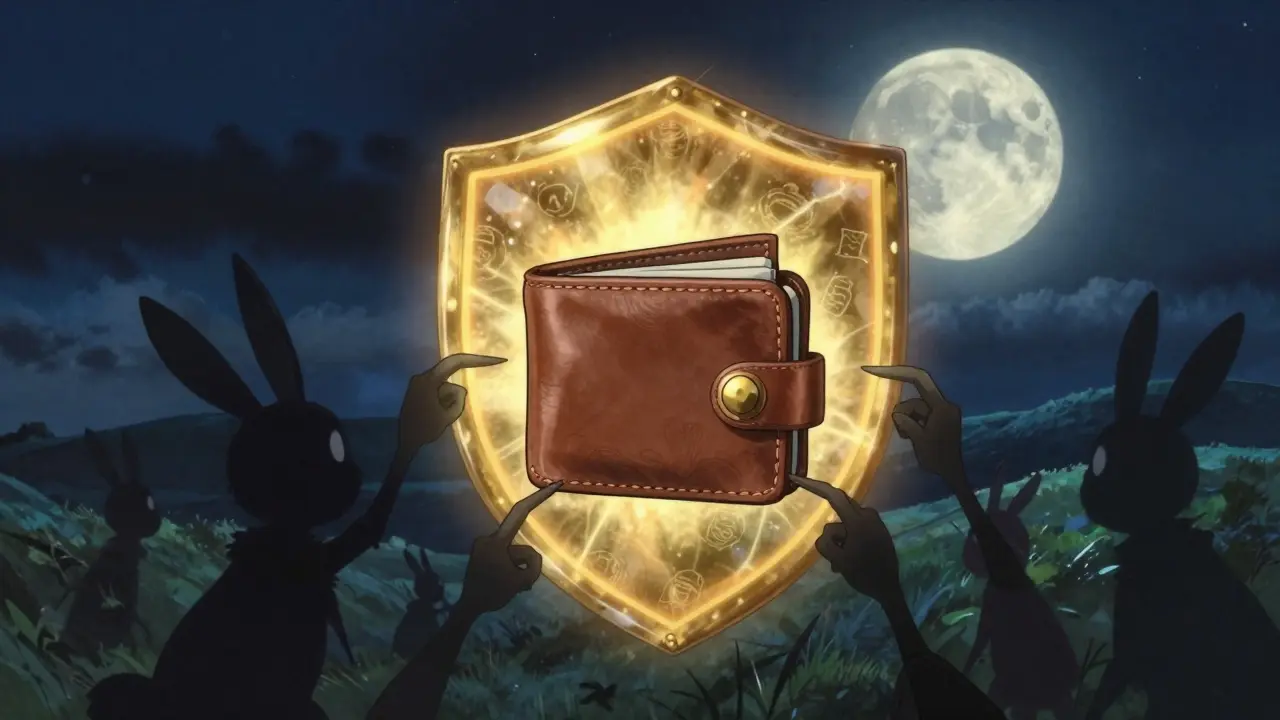 A golden shield protecting a leather wallet from shadowy rabbit-eared imps