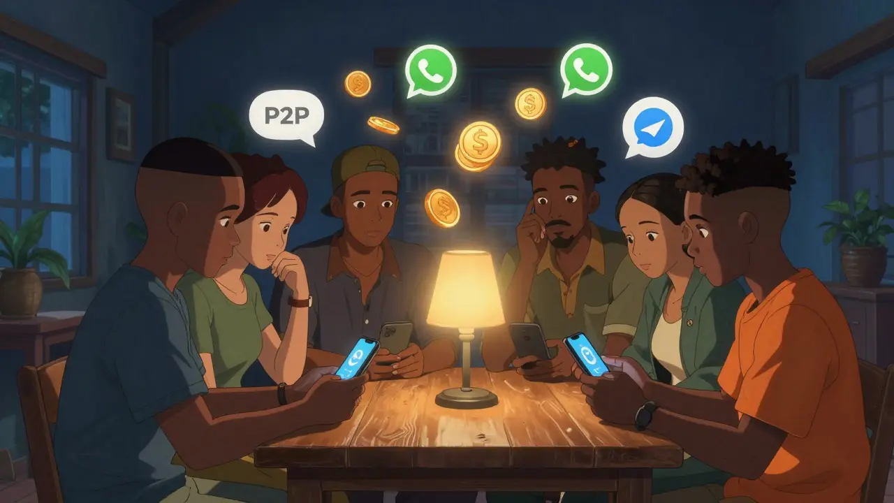 A group of young Nigerians in a cozy room collaborating on crypto trades via mobile phones.