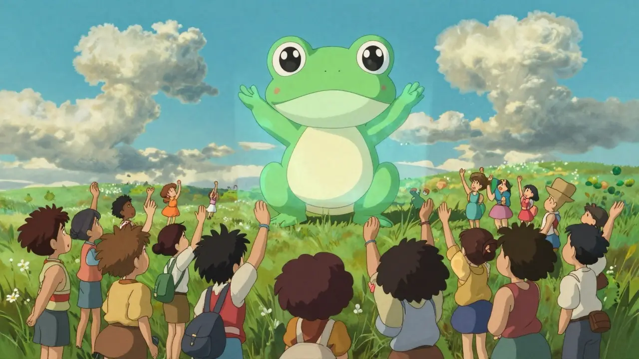 A happy community gathering under a giant holographic toad
