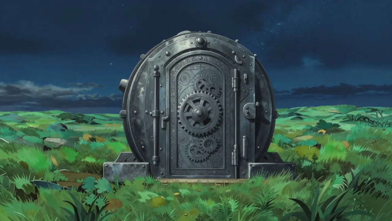 A heavy steel vault door in a starry meadow symbolizing digital privacy in Ghibli style.