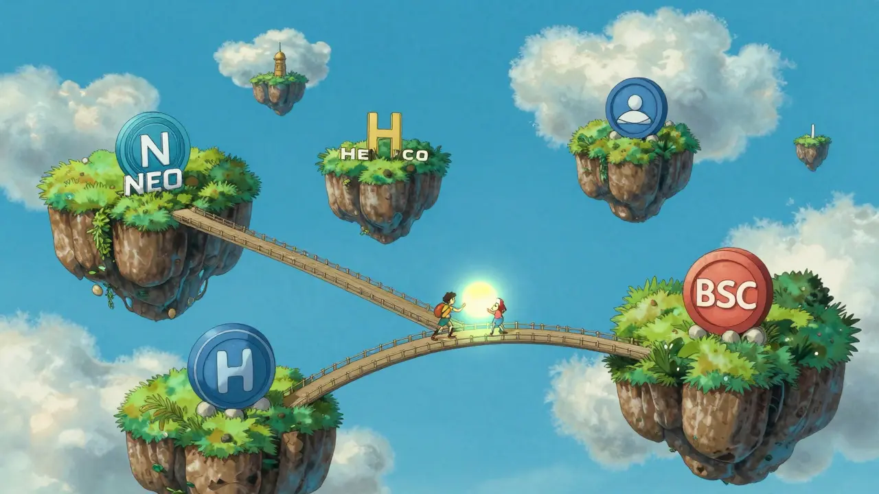 A magical bridge connecting floating islands representing different blockchain networks.