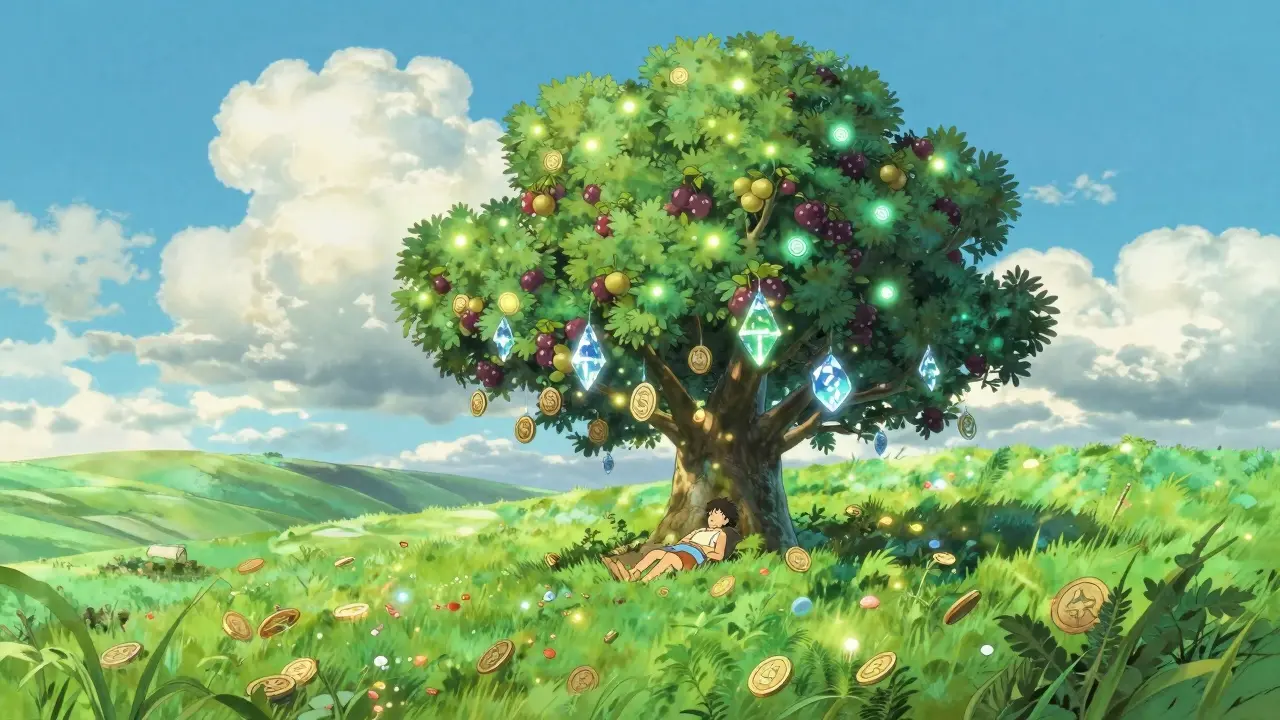 A magical glowing tree of digital coins in a lush meadow, Studio Ghibli style.