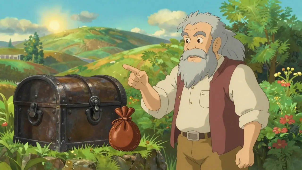 A mentor explaining the use of cold storage and burner wallets in a lush garden