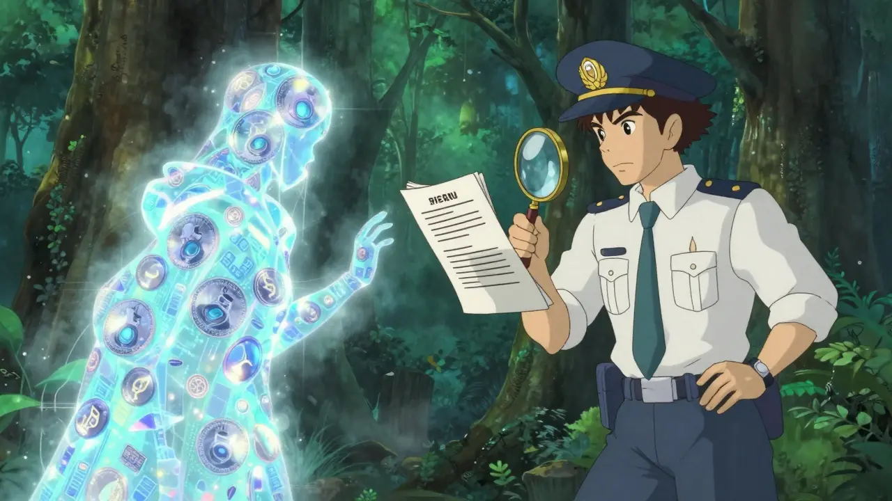 A mysterious cloaked figure hiding in a magical forest from a government official with a magnifying glass.