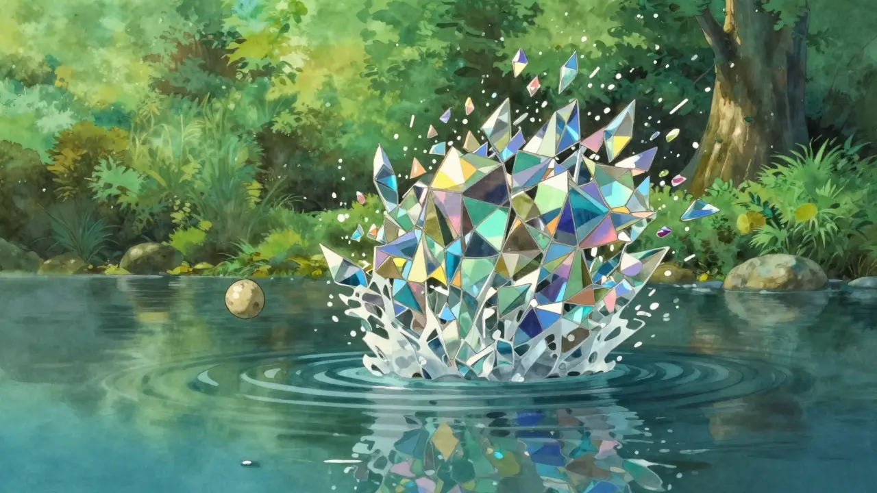 A pebble creating a colorful geometric mosaic ripple in a clear pond