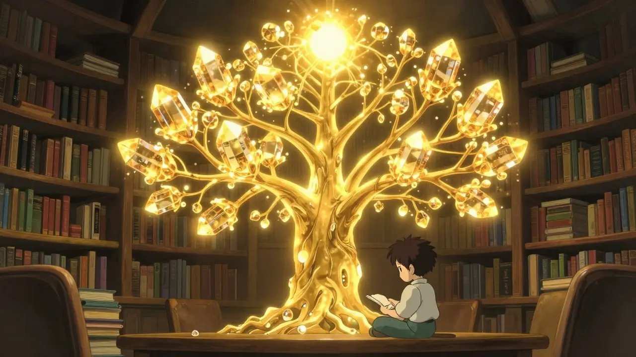 A scholar studying a glowing golden Merkle Tree in a cozy library