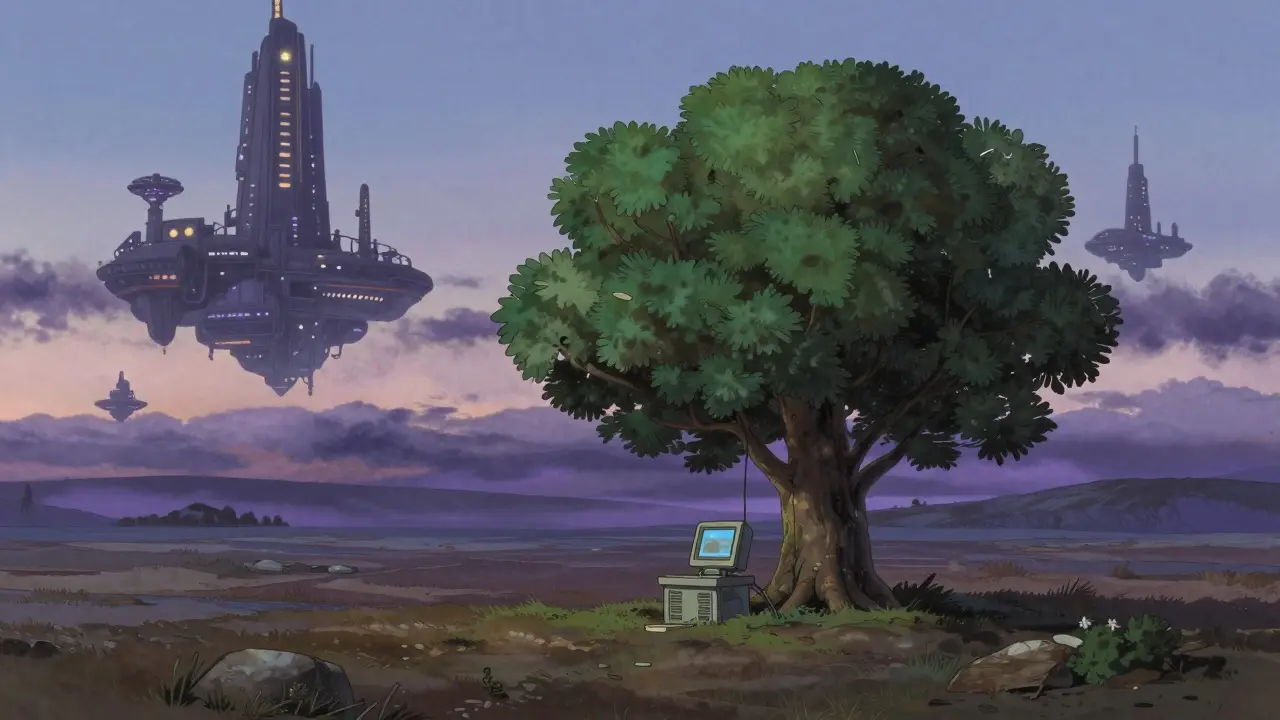 A small digital terminal under a tree with futuristic cities in the far distance.