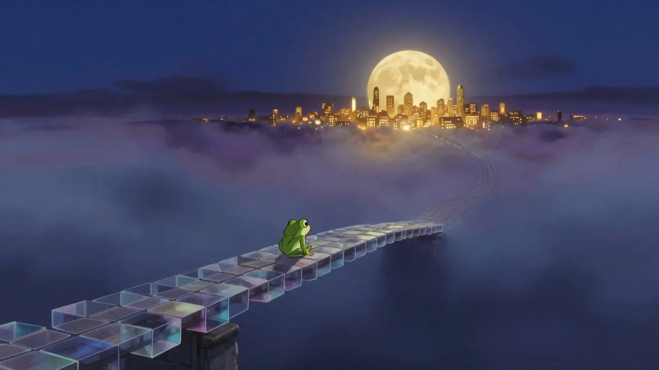 A small frog standing on a digital bridge looking toward a distant golden city.
