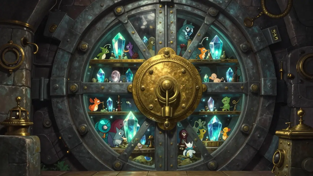 A whimsical secure vault protecting glowing digital assets in Ghibli anime style.