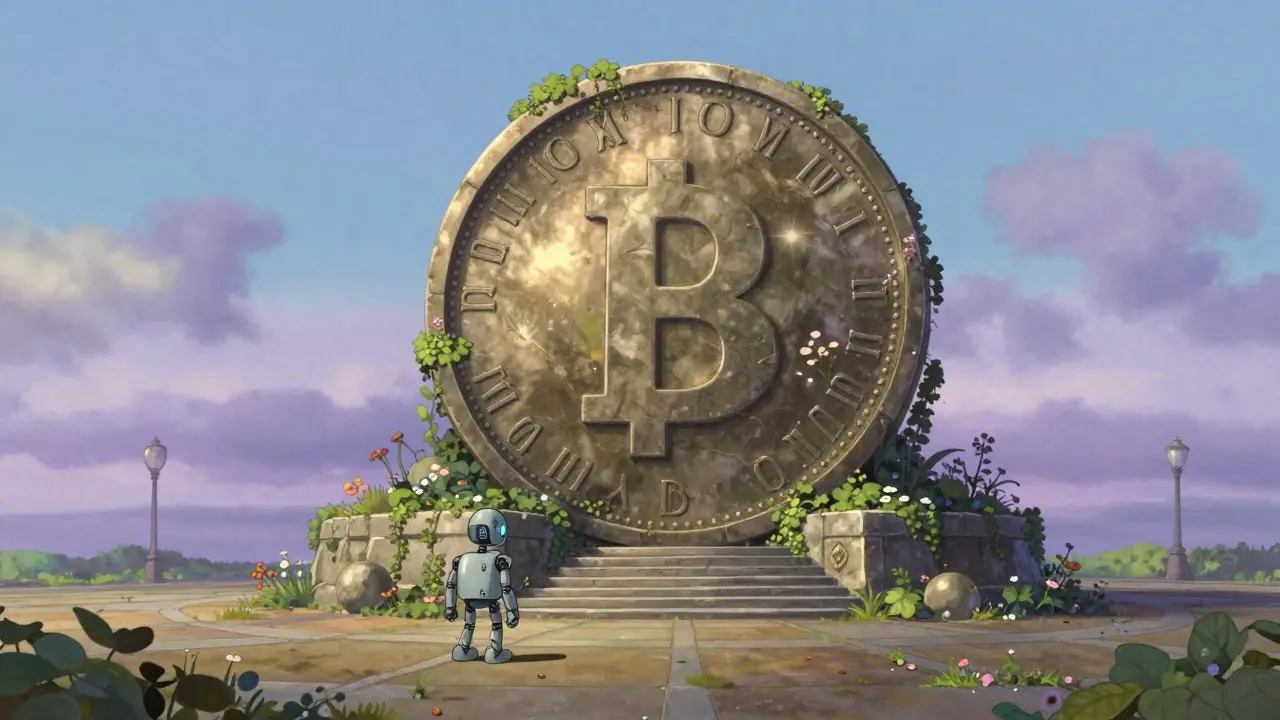 An overgrown, abandoned digital monument in a quiet, melancholic landscape.