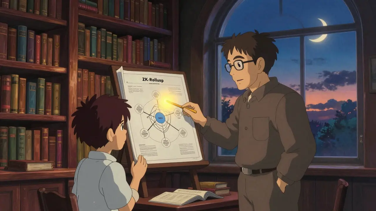 Anime style mentor and student studying a glowing technical blueprint in a cozy library