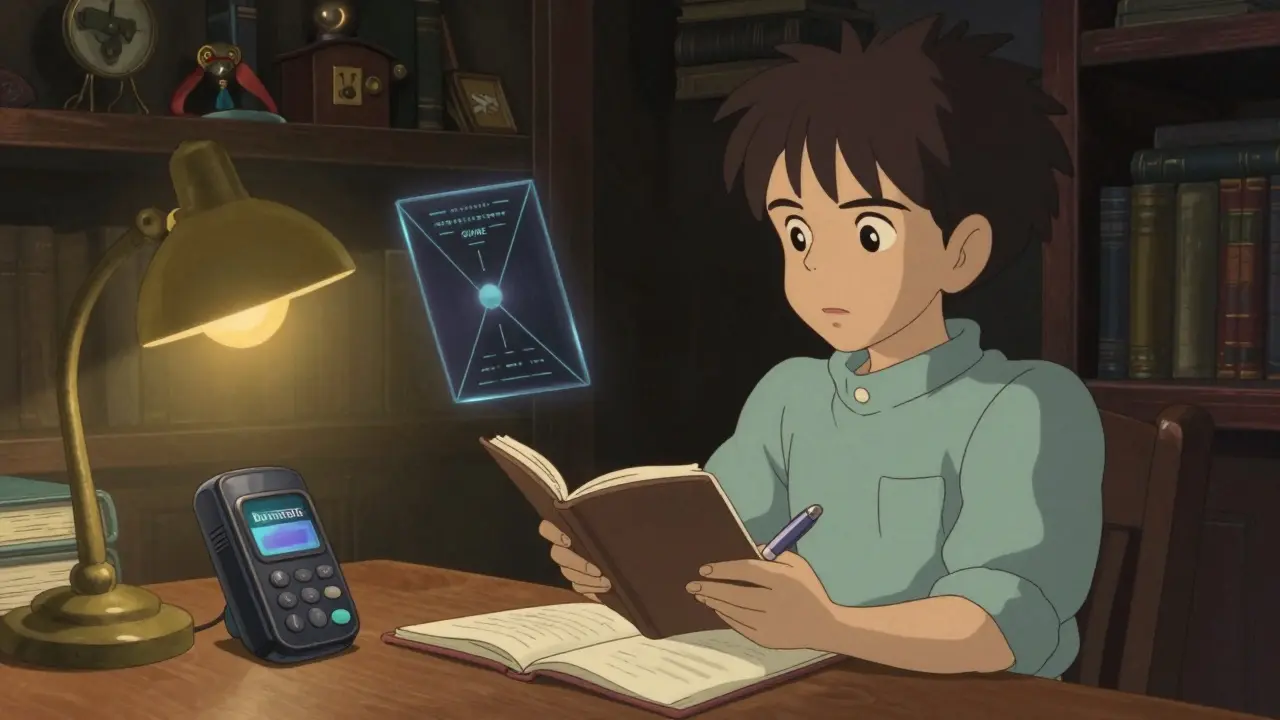 Cautious person analyzing a suspicious digital message at a cozy desk in Studio Ghibli style.