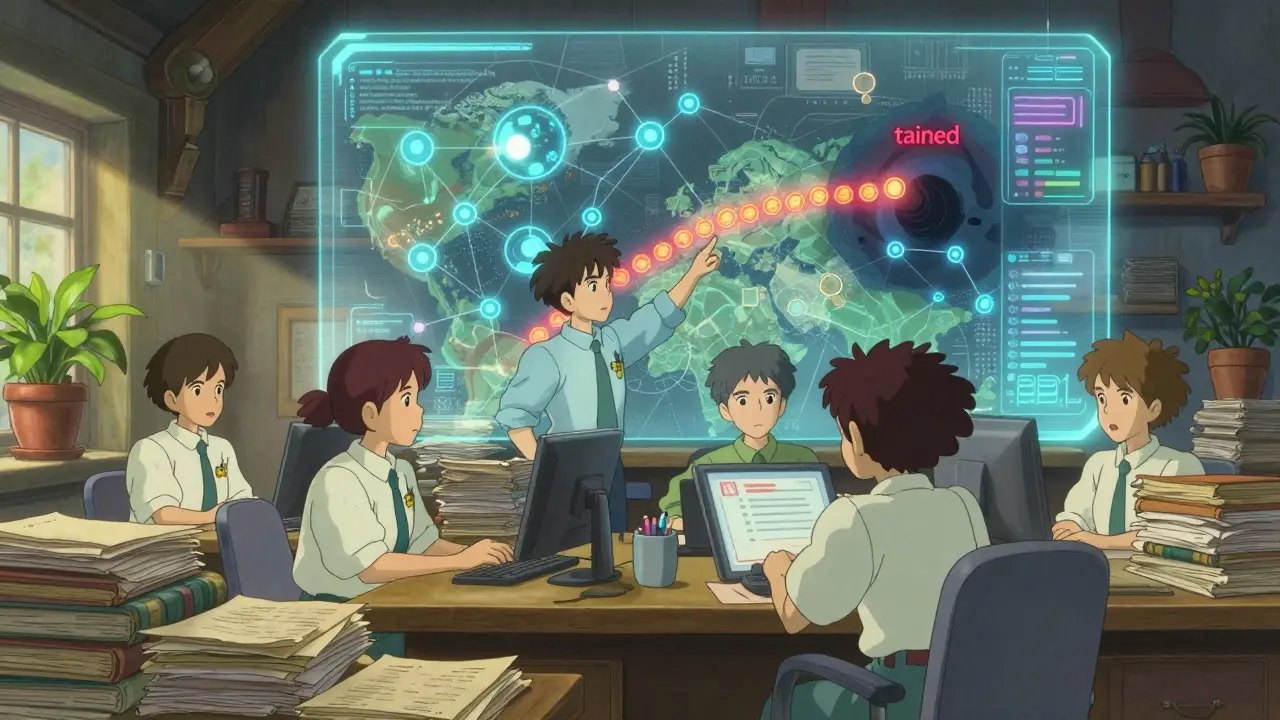 Compliance officers in a rustic futuristic office tracking tainted crypto transactions