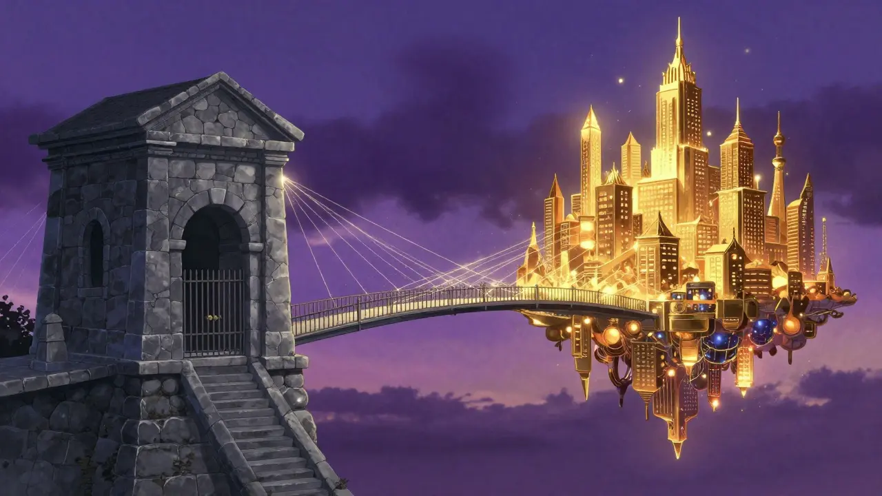 Conceptual art of glowing digital bridges bypassing a closed bank building toward a futuristic city.